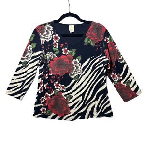 Vintage 90s Jess & Jane Lotus Garden Black Floral Zebra‎ Print Top Large USA